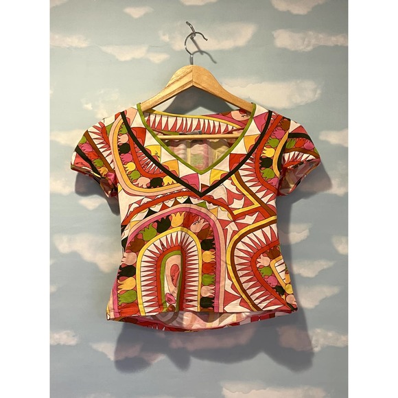 Emilio Pucci Crop Top T-shirt V-neck Pink Red XS S 0 2 4 - Picture 1 of 4